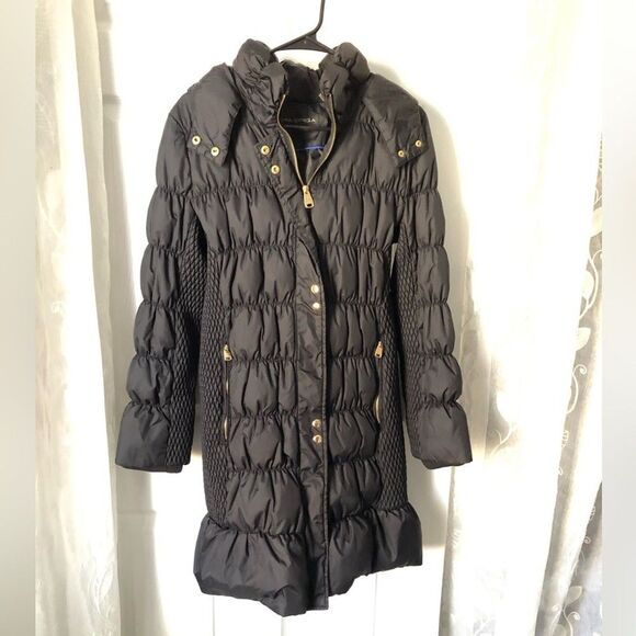 Via Spiga black down puffer jacket coat hoodie sz L full zip up tiny liner stain - Picture 2 of 11